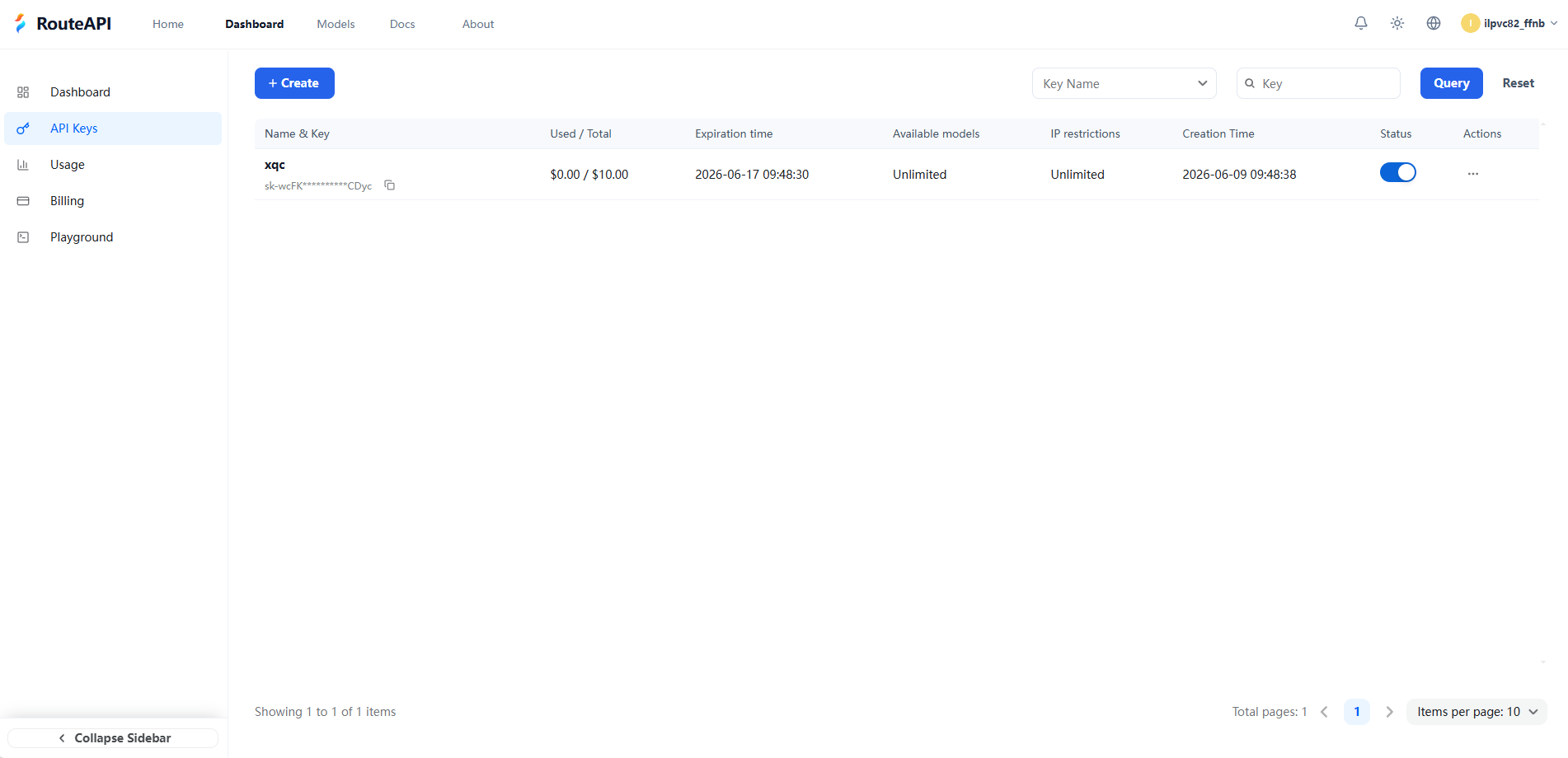 API Keys list screenshot