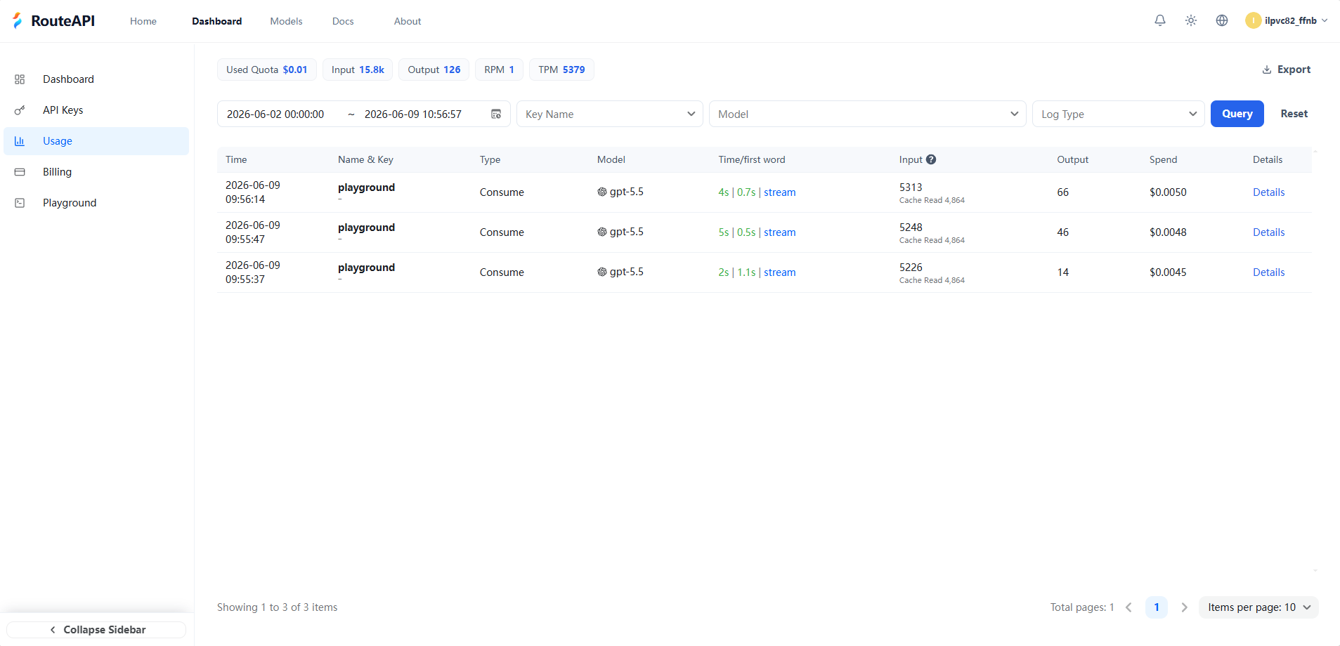 Usage logs screenshot