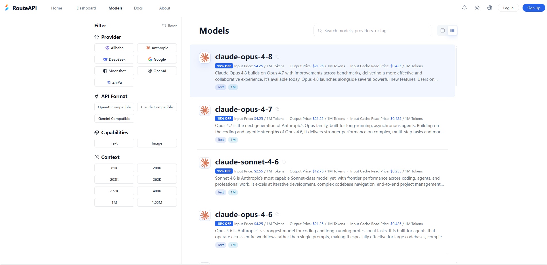 Model pricing screenshot